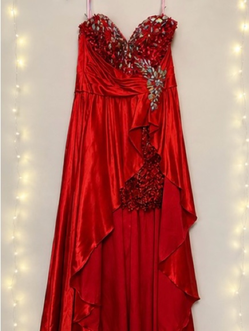 Red Strapless Beaded Evening Gown